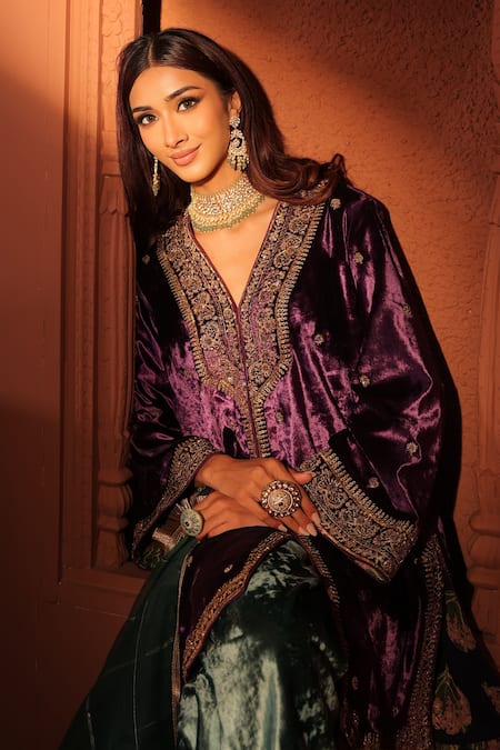 RICHA AHLUWALIA_Purple Velvet, Organza Embroidery, Sequins, Zari, Gota Patti Dori Kurta Set _at_Aza_Fashions