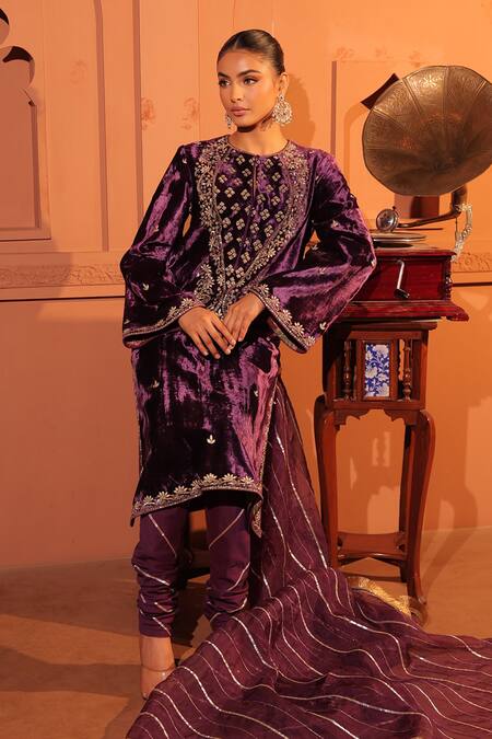 Shop_RICHA AHLUWALIA_Purple Velvet, Silk, Cotton, Organza Embroidery, Zari, Dori And Zardozi Kurta Set _Online_at_Aza_Fashions