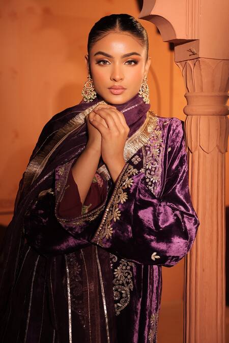 RICHA AHLUWALIA_Purple Velvet, Silk, Cotton, Organza Embroidery, Zari, Dori And Zardozi Kurta Set _at_Aza_Fashions