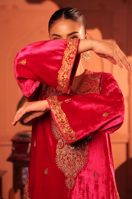 Buy_RICHA AHLUWALIA_Red Velvet, Silk, Cotton Embroidery, Zari, Gota Patti Golden Dori Suit Set _Online_at_Aza_Fashions