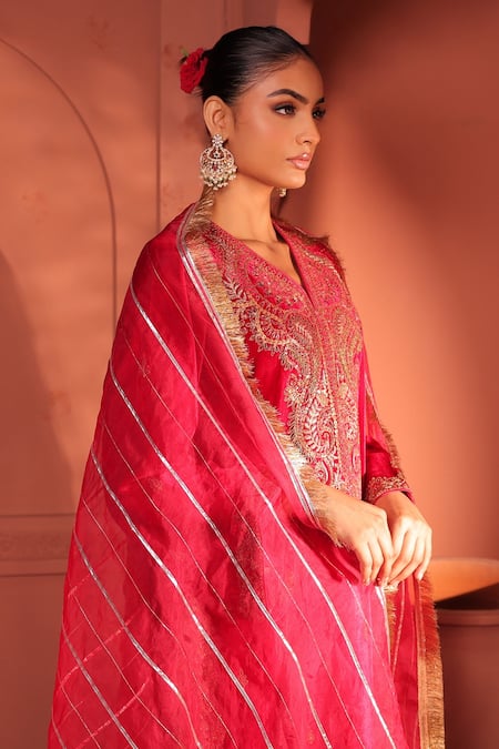 RICHA AHLUWALIA_Red Velvet, Silk, Cotton Embroidery, Zari, Gota Patti Golden Dori Suit Set _at_Aza_Fashions