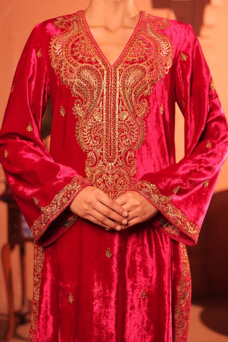 Shop_RICHA AHLUWALIA_Red Velvet, Silk, Cotton Embroidery, Zari, Gota Patti Golden Dori Suit Set 