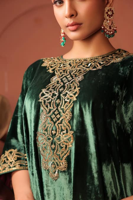 Shop_RICHA AHLUWALIA_Emerald Green Velvet, Silk Embroidery, Sequins, Zari Round Kaftan With Palazzo _Online_at_Aza_Fashions