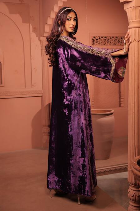 RICHA AHLUWALIA_Purple Silk, Velvet Embroidery, Sequins V-neck Kaftan _Online_at_Aza_Fashions