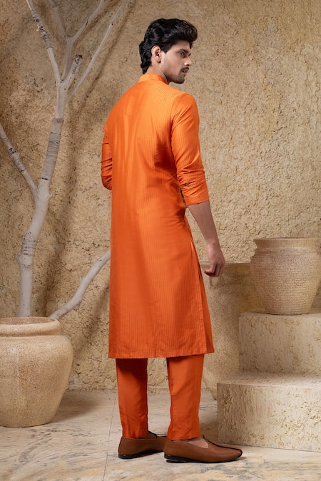 Darshika Menswear Orange Pintuck Kurta Set 