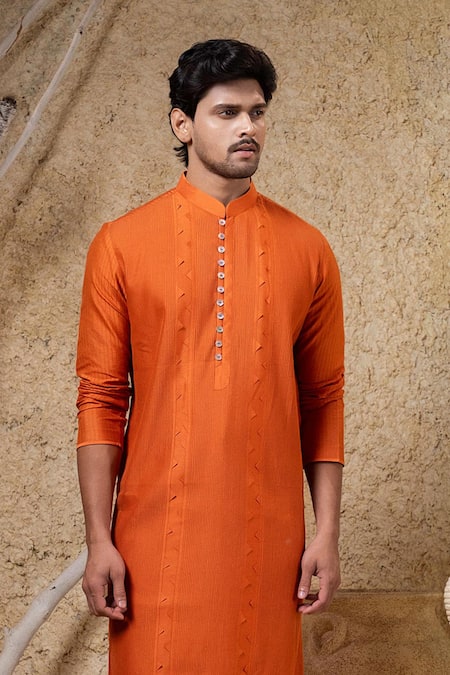 Buy_Darshika Menswear_Orange Embroidery Pintuck Kurta Set _Online_at_Aza_Fashions