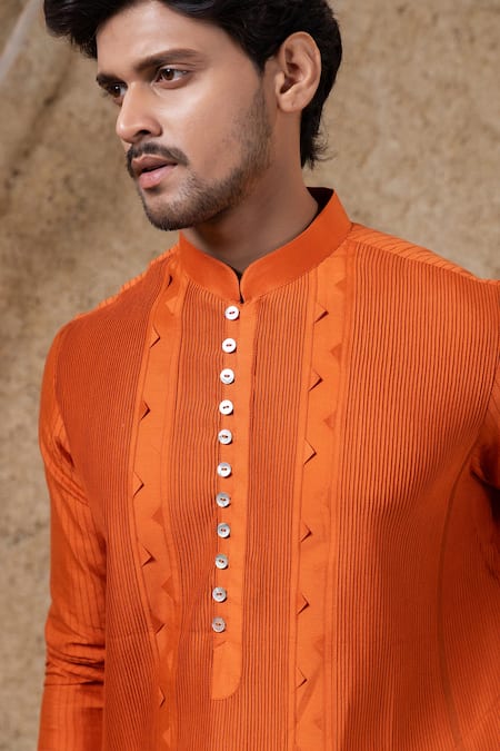 Darshika Menswear_Orange Embroidery Pintuck Kurta Set _at_Aza_Fashions