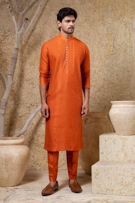 Buy_Darshika Menswear_Orange Embroidery Pintuck Kurta Set 