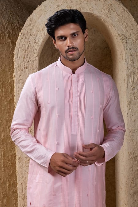 Buy_Darshika Menswear_Pink Cotton, Silk Beads Pintuck Kurta Set _Online_at_Aza_Fashions
