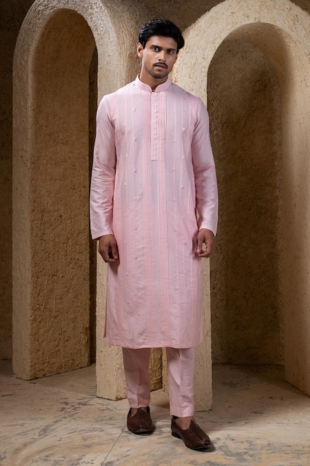 Shop_Darshika Menswear_Pink Cotton, Silk Beads Pintuck Kurta Set _Online_at_Aza_Fashions