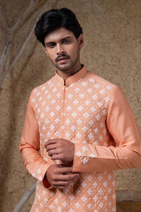 Darshika Menswear_Coral Cotton, Silk Embroidery Kurta Set _Online_at_Aza_Fashions
