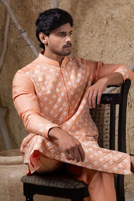 Buy_Darshika Menswear_Coral Cotton, Silk Embroidery Kurta Set _Online_at_Aza_Fashions