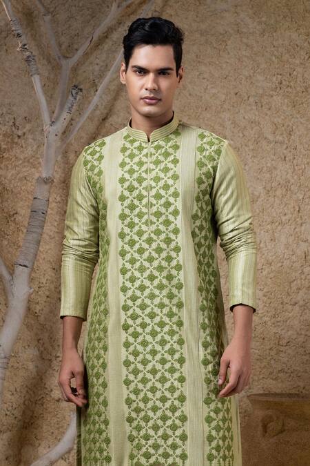 Darshika Menswear_Green Viscose, Silk Embroidery Kurta Set _Online_at_Aza_Fashions