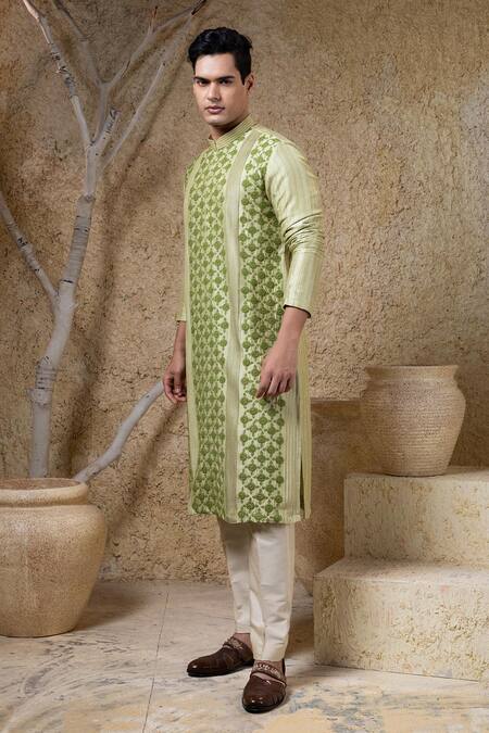 Buy_Darshika Menswear_Green Viscose, Silk Embroidery Kurta Set _Online_at_Aza_Fashions