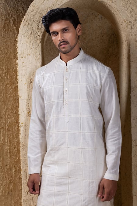 Buy_Darshika Menswear_Ivory Cotton, Silk Box Pintuck Kurta Set _Online_at_Aza_Fashions