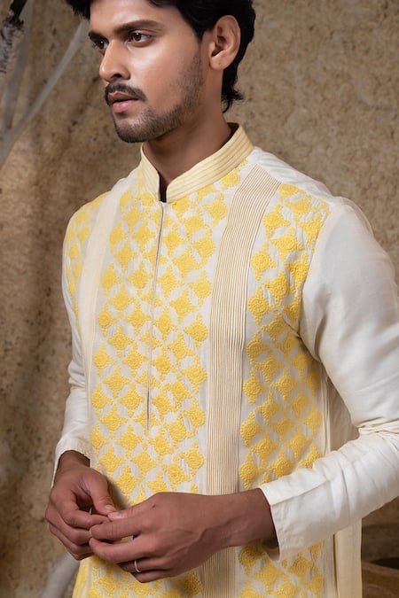 Shop_Darshika Menswear_Ivory Viscose, Silk Embroidery Ombre Yellow Kurta Set _Online_at_Aza_Fashions