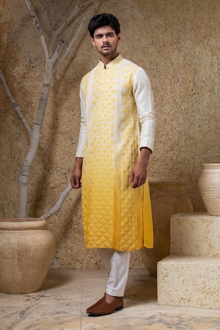 Darshika Menswear Ombre Yellow Embroidered Kurta Set 