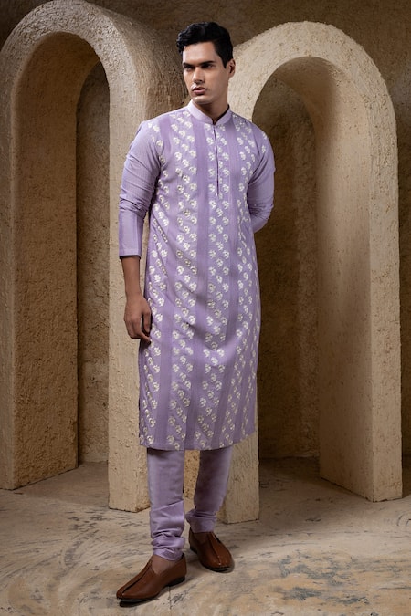 Shop_Darshika Menswear_Purple Cotton, Silk Embroidery Kurta Set _Online_at_Aza_Fashions