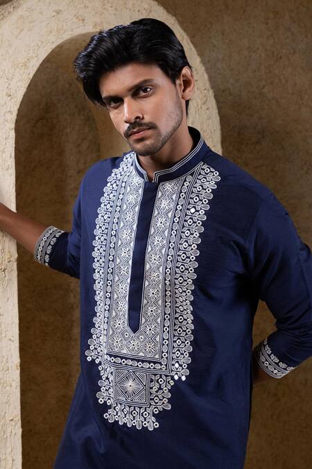Buy_Darshika Menswear_Navy Cotton, Silk Embroidery, Mirrors Kurta Set _Online_at_Aza_Fashions