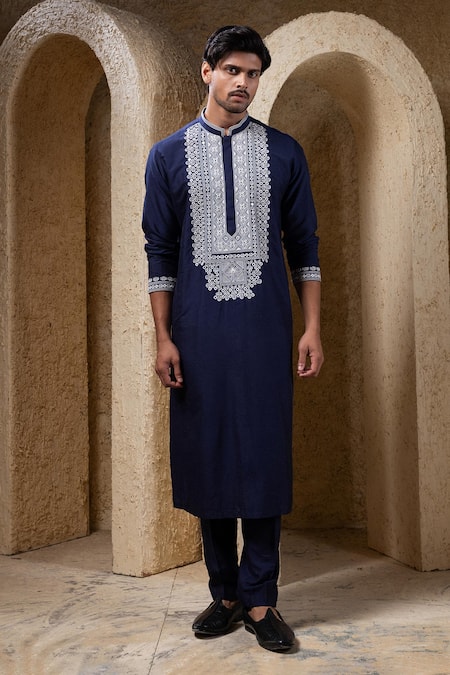 Shop_Darshika Menswear_Navy Cotton, Silk Embroidery, Mirrors Kurta Set _Online_at_Aza_Fashions