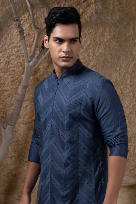 Darshika Menswear_Blue Cotton, Silk Pintuck Kurta Set _Online_at_Aza_Fashions