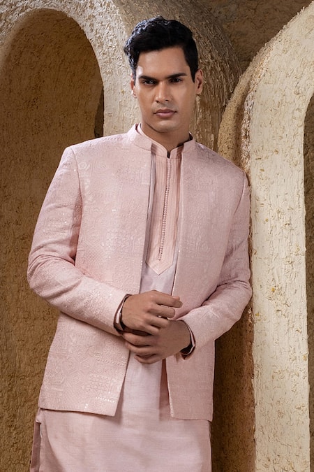 Buy Darshika Menswear Pink Viscose, Silk Embroidery, Sequins Bandhgala And Kurta Set Online at Aza Fashions Buy_Darshika Menswear_Pink Viscose, Silk Embroidery, Sequins Bandhgala And Kurta Set _Online_at_Aza_Fashions