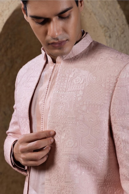 Buy Darshika Menswear Pink Viscose, Silk Embroidery, Sequins Bandhgala And Kurta Set Buy_Darshika Menswear_Pink Viscose, Silk Embroidery, Sequins Bandhgala And Kurta Set