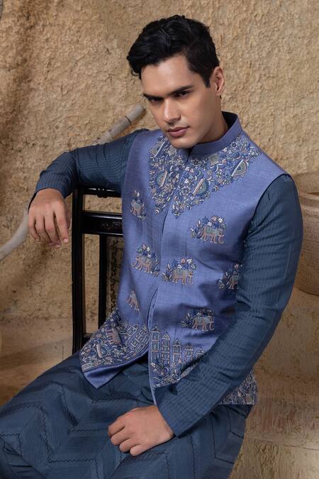 Darshika Menswear_Blue Silk, Cotton Embroidery Elephant Bundi And Kurta Set _Online_at_Aza_Fashions