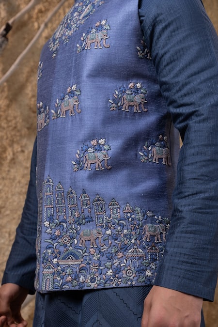 Shop_Darshika Menswear_Blue Silk, Cotton Embroidery Elephant Bundi And Kurta Set _Online_at_Aza_Fashions