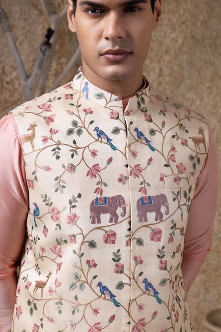 Darshika Menswear_Beige Silk, Cotton Embroidery Jungle Jaal Bundi And Kurta Set _Online_at_Aza_Fashions