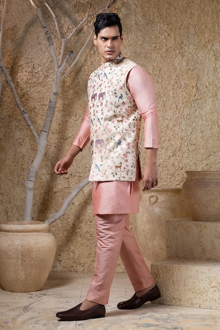 Buy_Darshika Menswear_Beige Silk, Cotton Embroidery Jungle Jaal Bundi And Kurta Set _Online_at_Aza_Fashions