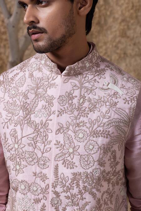 Buy_Darshika Menswear_Pink Viscose, Silk Embroidery Hand Bundi Set _Online_at_Aza_Fashions