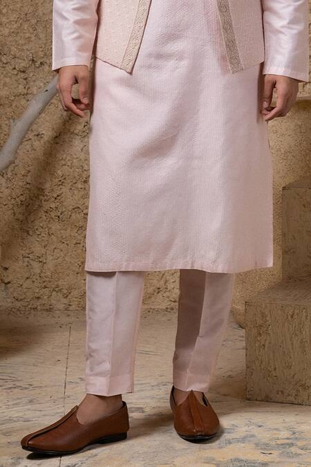 Darshika Menswear_Pink Cotton, Silk Embroidery, Sequins Bundi And Kurta Set _Online_at_Aza_Fashions