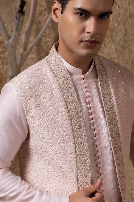 Buy_Darshika Menswear_Pink Cotton, Silk Embroidery, Sequins Bundi And Kurta Set _Online_at_Aza_Fashions