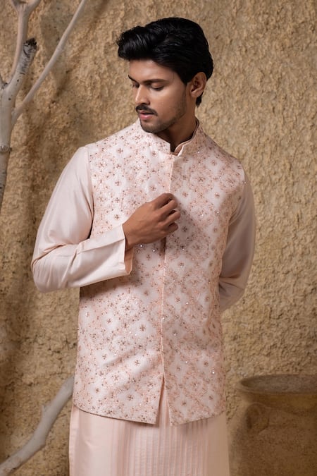 Buy_Darshika Menswear_Pink Cotton, Silk Embroidery, Sequins Embellished Bundi Kurta Set _Online_at_Aza_Fashions