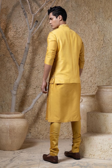 Darshika Menswear Mustard Embroidered Bundi & Kurta Set 