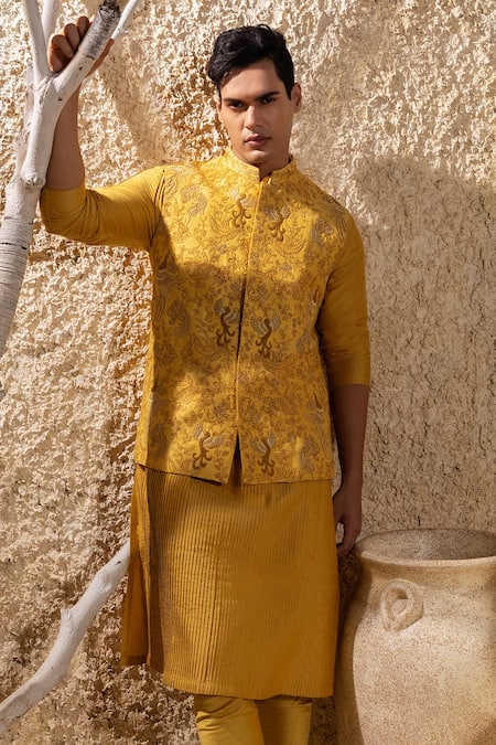 Shop_Darshika Menswear_Mustard Silk, Cotton Embroidery, Metallic Thread Bundi And Kurta Set _Online_at_Aza_Fashions