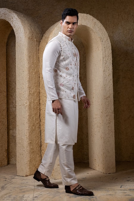 Buy_Darshika Menswear_Off White Silk, Cotton Beads, Sequins, Embroidery Embellished Bundi And Kurta Set _Online_at_Aza_Fashions