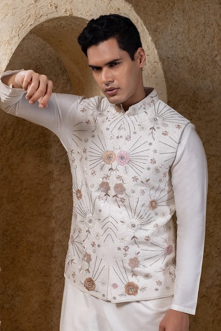 Shop_Darshika Menswear_Off White Silk, Cotton Beads, Sequins, Embroidery Embellished Bundi And Kurta Set _Online_at_Aza_Fashions