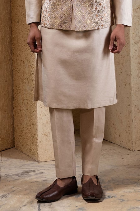 Darshika Menswear_Beige Silk Embroidery, Sequins Hand Bundi And Kurta Set _Online_at_Aza_Fashions