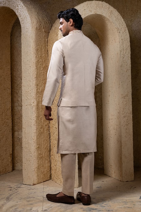 Darshika Menswear Beige Hand Embroidered Bundi & Kurta Set 