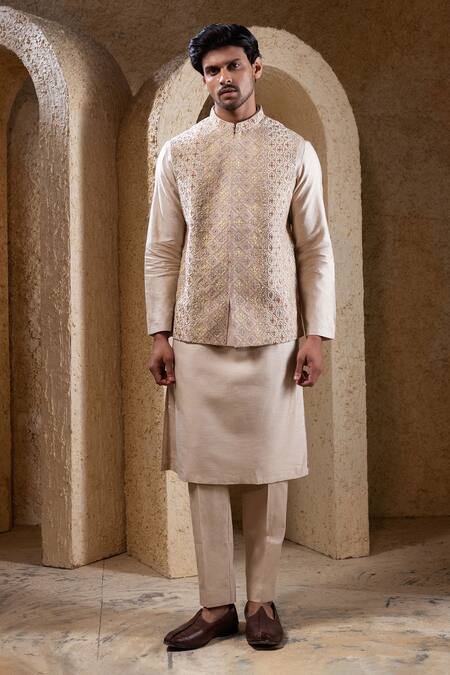 Buy_Darshika Menswear_Beige Silk Embroidery, Sequins Hand Bundi And Kurta Set _Online_at_Aza_Fashions