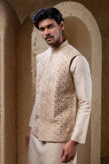 Shop_Darshika Menswear_Beige Silk Embroidery, Sequins Hand Bundi And Kurta Set _Online_at_Aza_Fashions