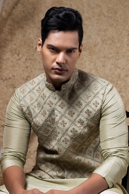 Darshika Menswear_Green Viscose, Silk Zari, Embroidery, Metallic Thread Hand Bundi And Kurta Set _Online_at_Aza_Fashions