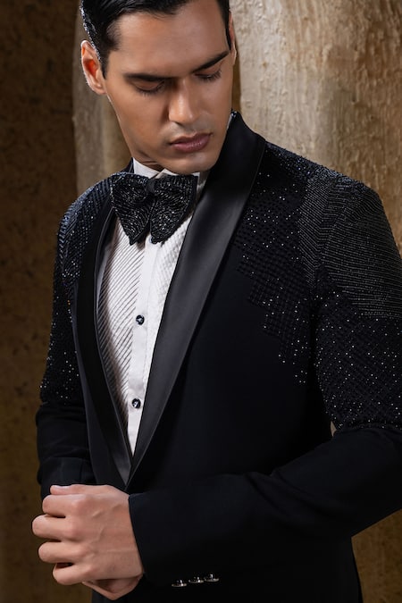 Darshika Menswear_Black Suiting Beads Embellished Tuxedo Set _Online_at_Aza_Fashions
