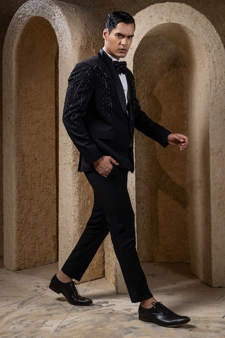 Darshika Menswear_Black Suiting Beads, Embroidery Wines Embellished Tuxedo Set _Online_at_Aza_Fashions