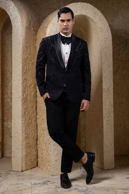 Darshika Menswear Black Wines Embellished Tuxedo Set 
