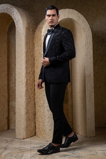 Buy_Darshika Menswear_Black Suiting Beads, Embroidery Wines Embellished Tuxedo Set _Online_at_Aza_Fashions