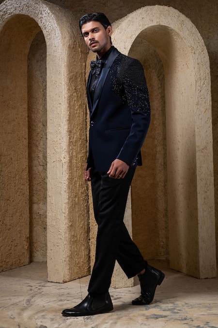 Darshika Menswear_Blue Suiting Beads Embellished Tuxedo Set _Online_at_Aza_Fashions