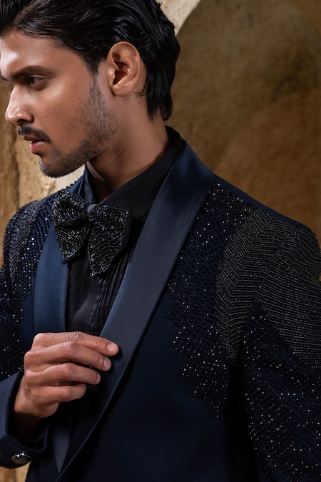Buy_Darshika Menswear_Blue Suiting Beads Embellished Tuxedo Set _Online_at_Aza_Fashions